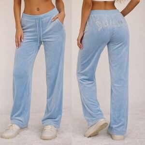 True Y2K Juicy Couture Velour Track Pants Blue‎ Bling Rhinestone Butt Logo Vtg